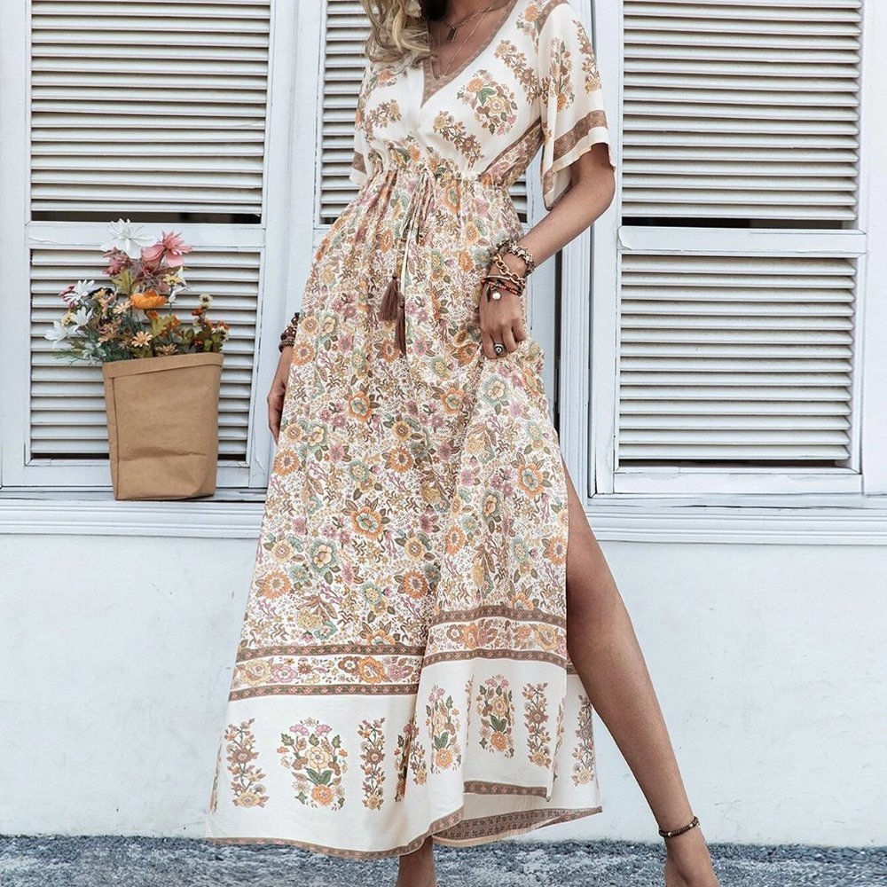 Multicolor Boho Womens Floral Print Trumpet Sleeve Split Thigh Drawstring Dress - Picture 3 of 5
